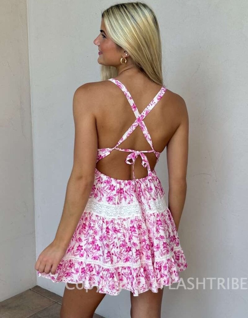 Floral Lace Trim Crossback Mini Dress
