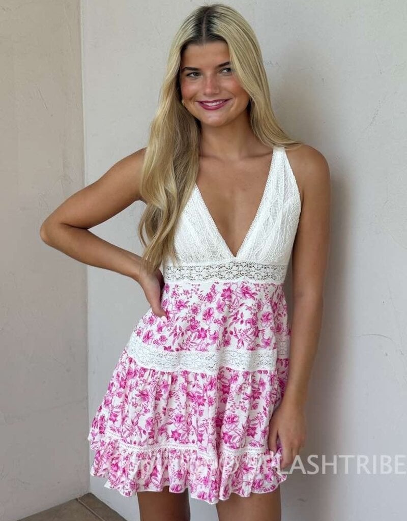Floral Lace Trim Crossback Mini Dress