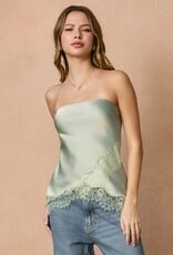 Lulu Strapless Satin Asymmetrical Lace Hem Top