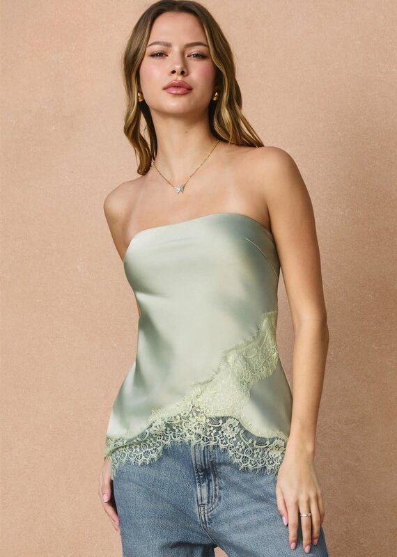 Lulu Strapless Satin Asymmetrical Lace Hem Top