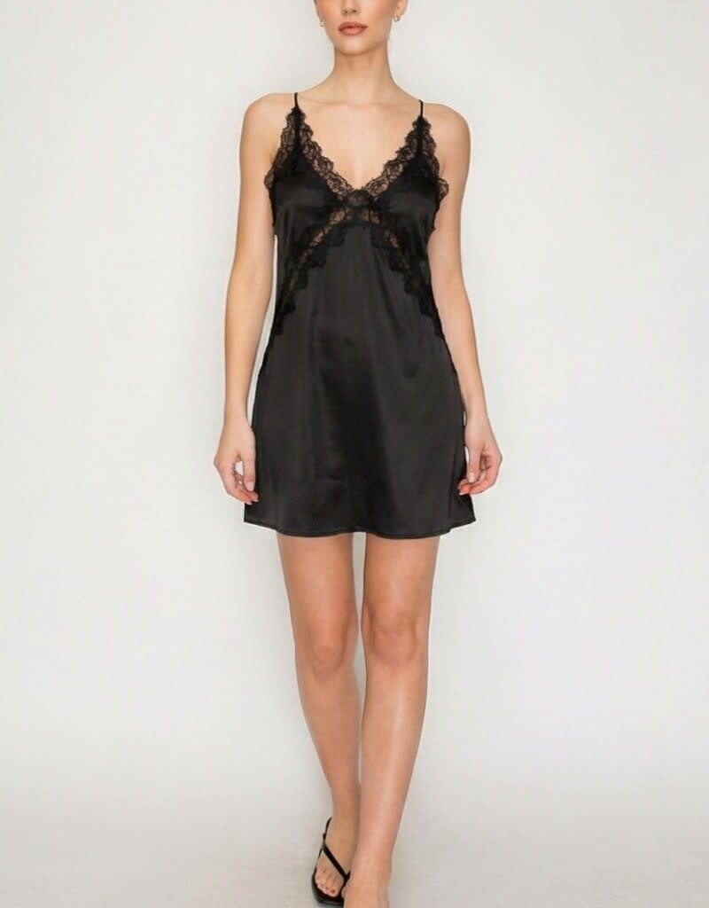 Amelia Lace Trim Satin Slip Mini Dress