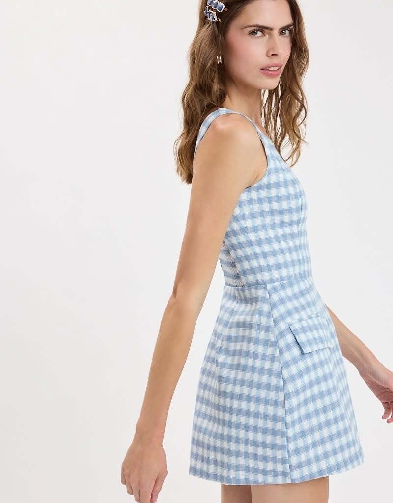 Checker Wide Strap Front Pocket Mini Dress