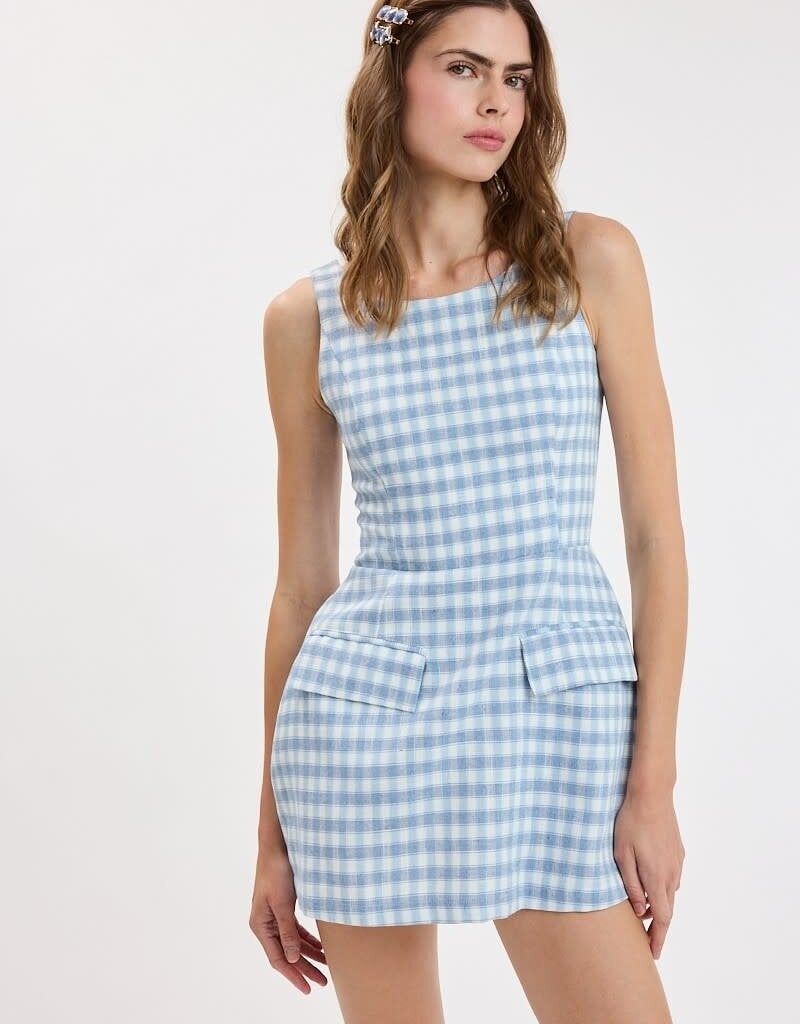 Checker Wide Strap Front Pocket Mini Dress