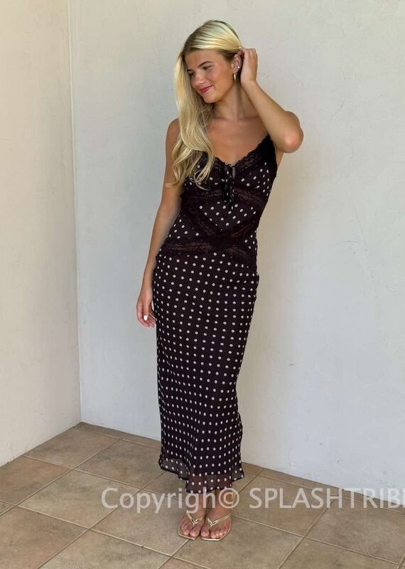 Polka Dot Lace Trim Midi Slip Dress