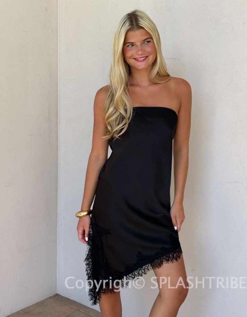 Chloe Satin Asymmetrical Dress With Lace Trim