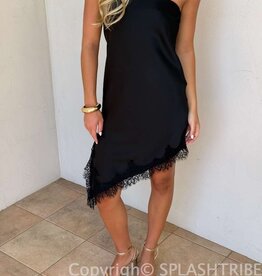 Chloe Satin Asymmetrical Dress With Lace Trim