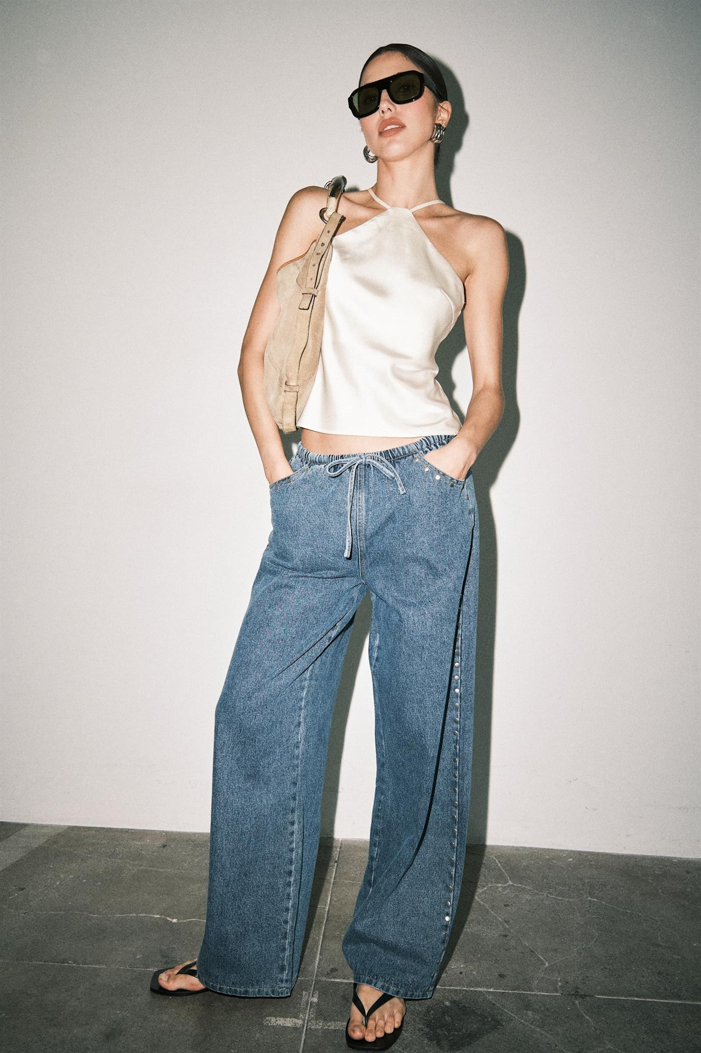 Nicks Studded Denim Drawstring Pants - SPLASH