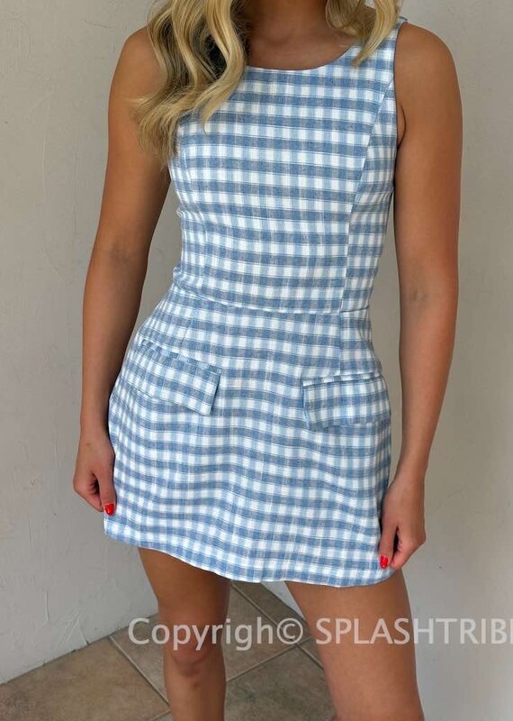 Checker Wide Strap Front Pocket Mini Dress