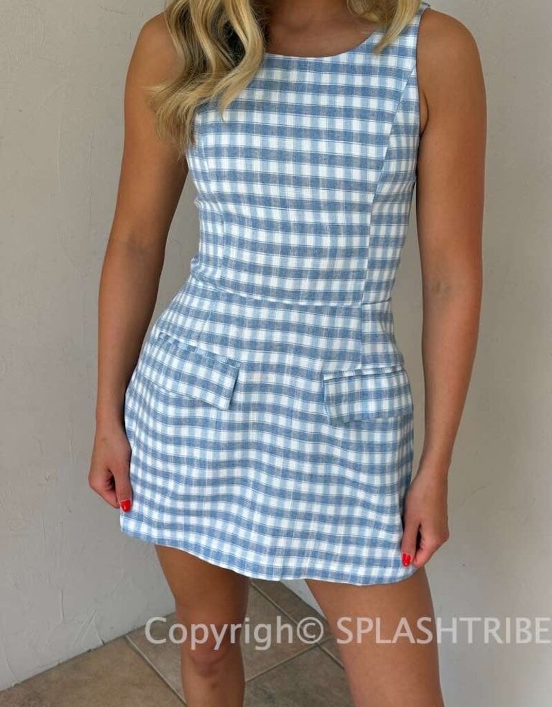 Checker Wide Strap Front Pocket Mini Dress