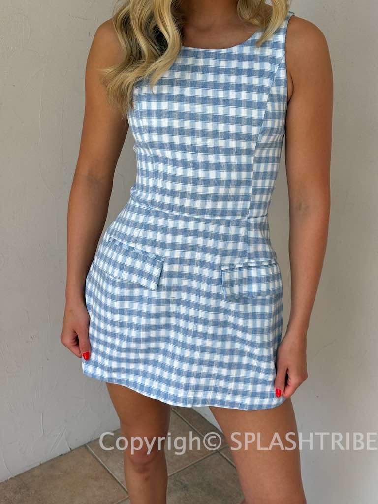 blue checkered mini dress Caf Forgot  The Plaid Mini Dress in Blue