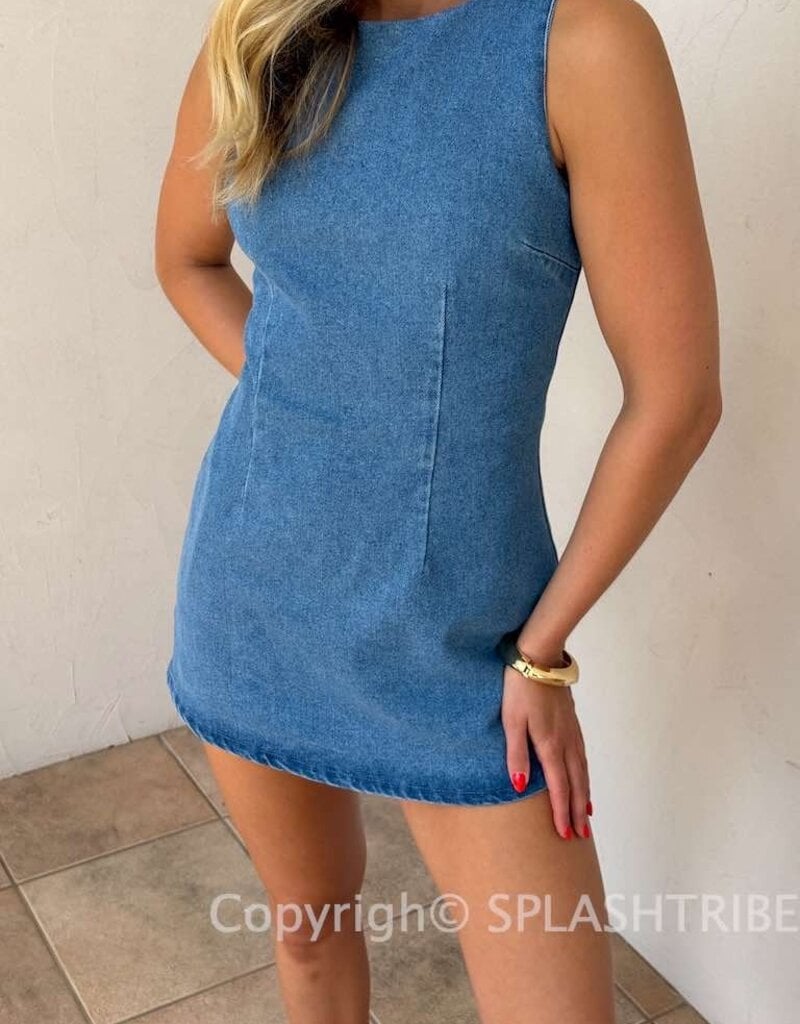 Denim Fitted Sleeveless Shift Mini Dress With Built In Shorts