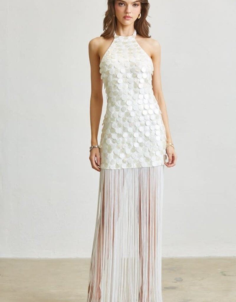 Kailani Halter Shell Disc Maxi Dress With Fringe