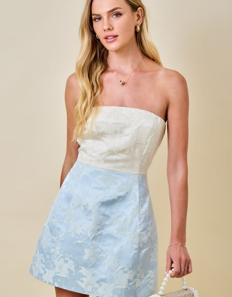 Tiffany Strapless Colorblock Floral Jacquard Mini Dress