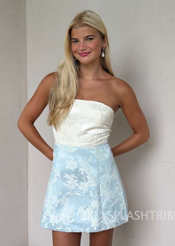 Tiffany Strapless Colorblock Floral Jacquard Mini Dress