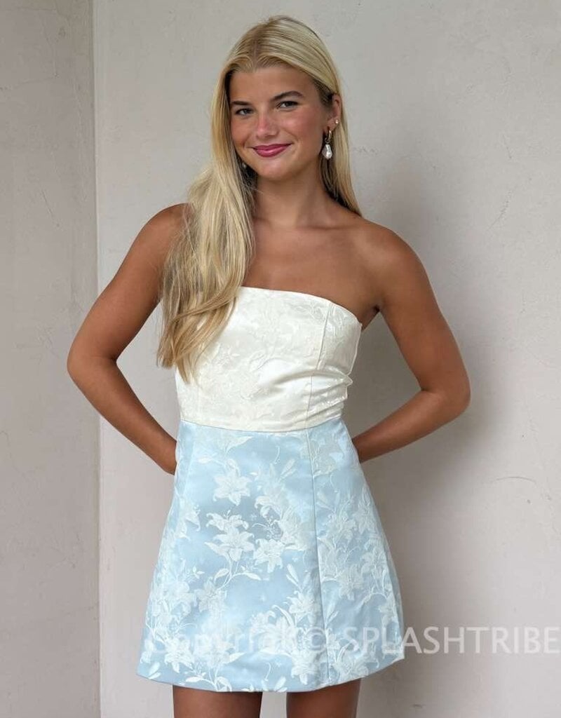 Tiffany Strapless Colorblock Floral Jacquard Mini Dress