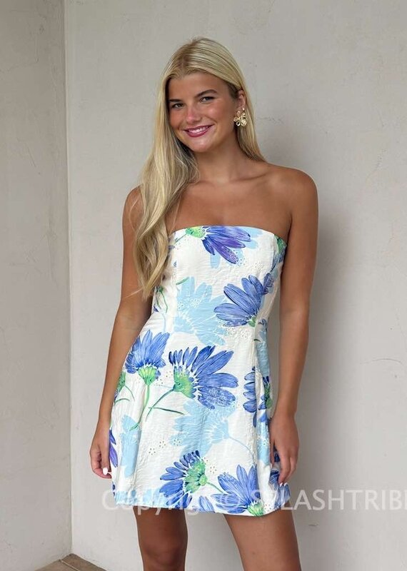 June Floral Print Eyelet Strapless A Line Mini Dress