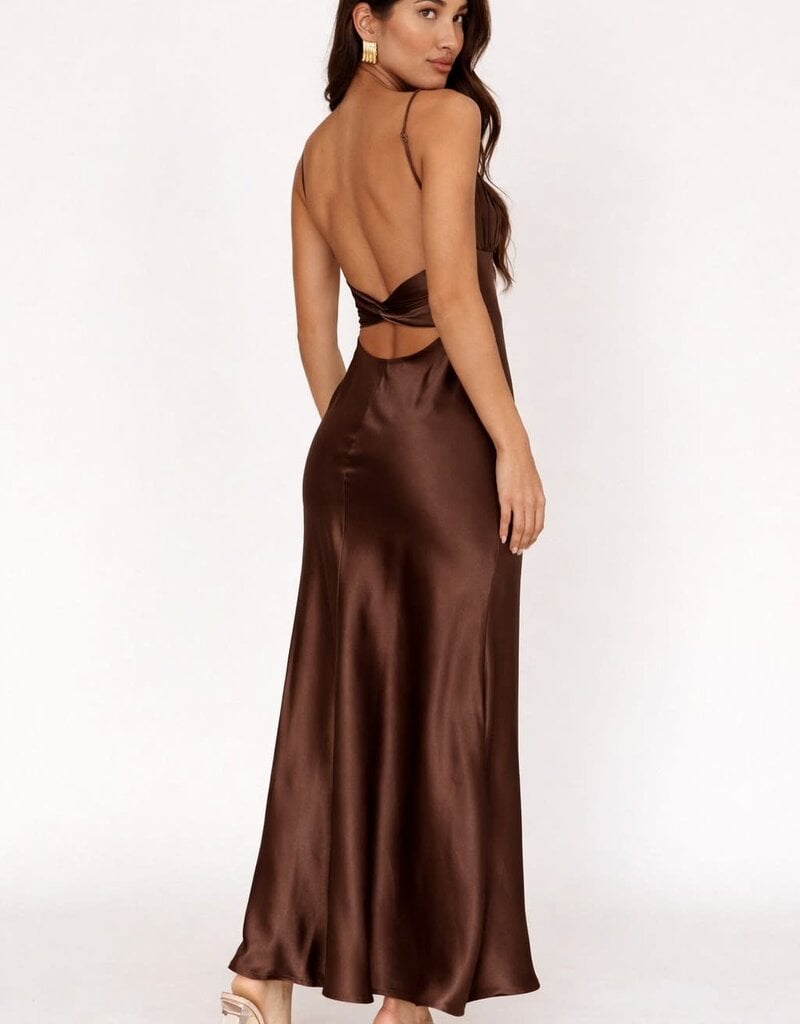 Satin Ruched Bust Twist Back Maxi Dress