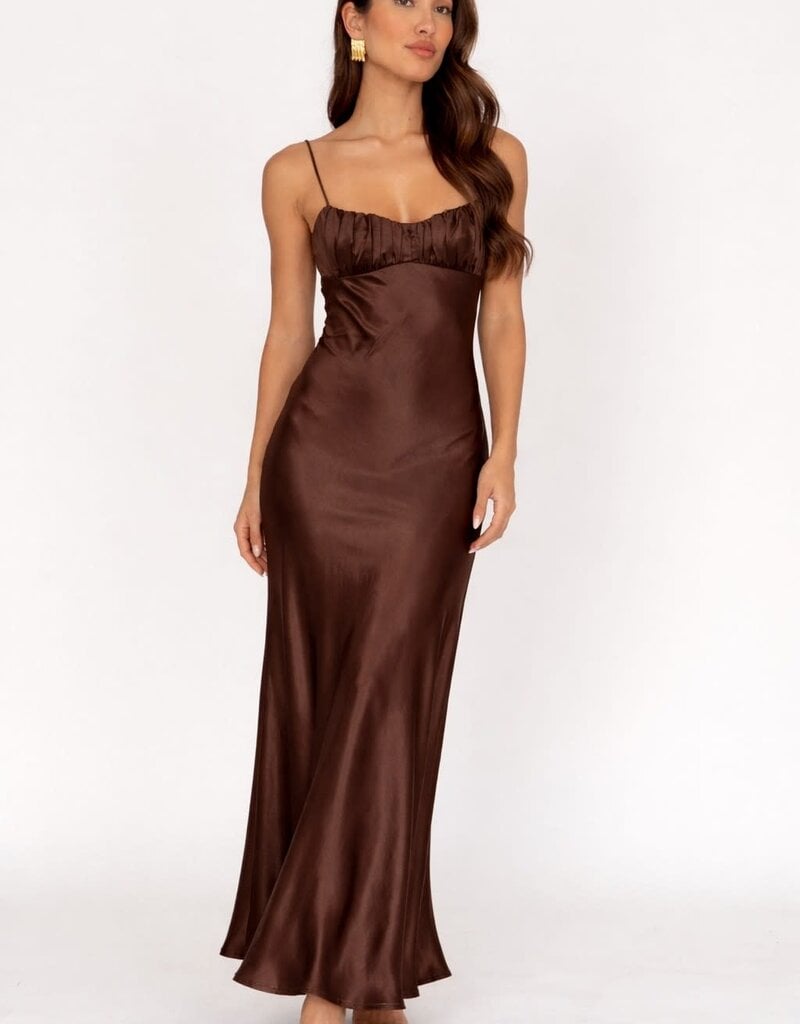Satin Ruched Bust Twist Back Maxi Dress