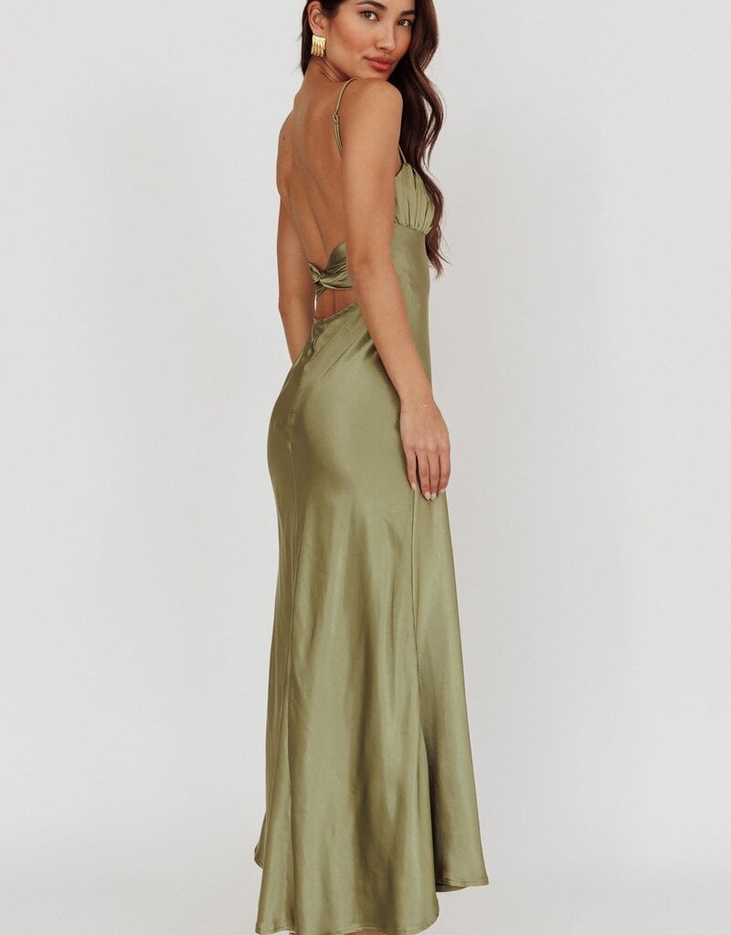Satin Ruched Bust Twist Back Maxi Dress