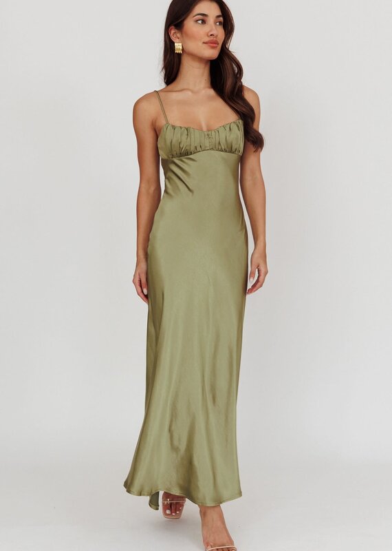 Satin Ruched Bust Twist Back Maxi Dress