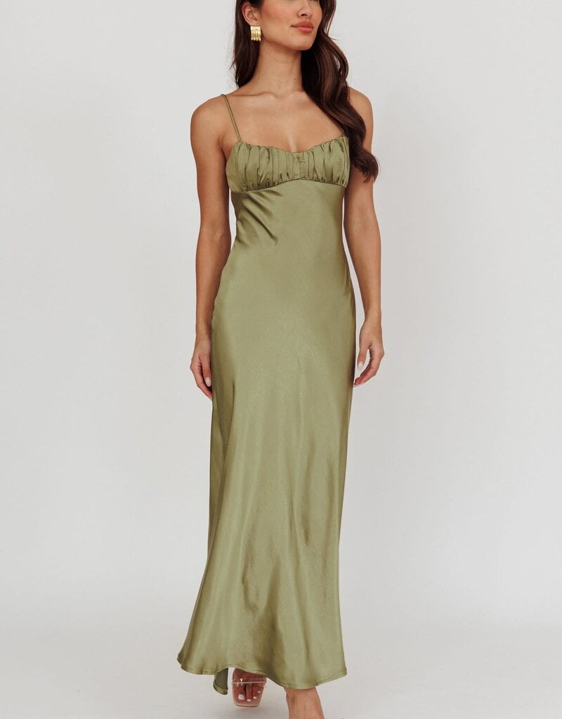 Satin Ruched Bust Twist Back Maxi Dress