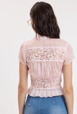 Chiffon V Neck Lace Trim Cap Sleeve Top