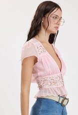 Chiffon V Neck Lace Trim Cap Sleeve Top