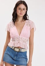 Chiffon V Neck Lace Trim Cap Sleeve Top