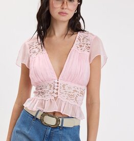 Chiffon V Neck Lace Trim Cap Sleeve Top