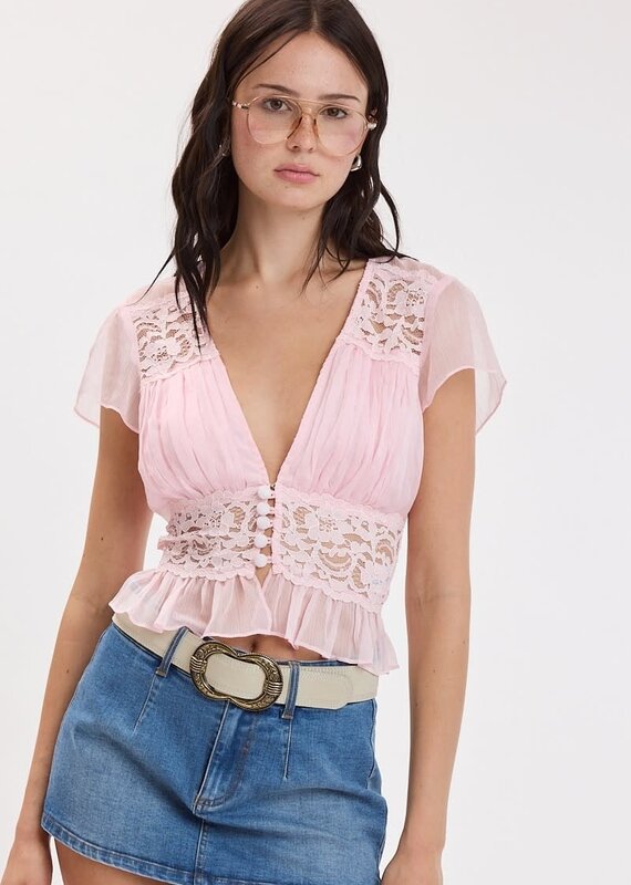 Chiffon V Neck Lace Trim Cap Sleeve Top