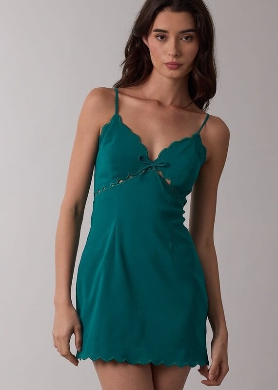 Solid Scallop Cut V Neck Mini Dress