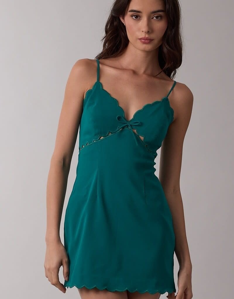 Solid Scallop Cut V Neck Mini Dress