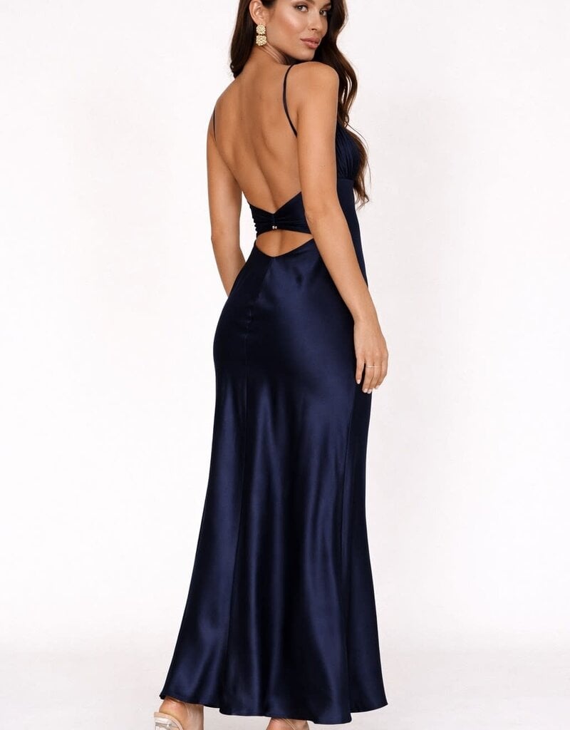 Satin Ruched Bust Twist Back Maxi Dress