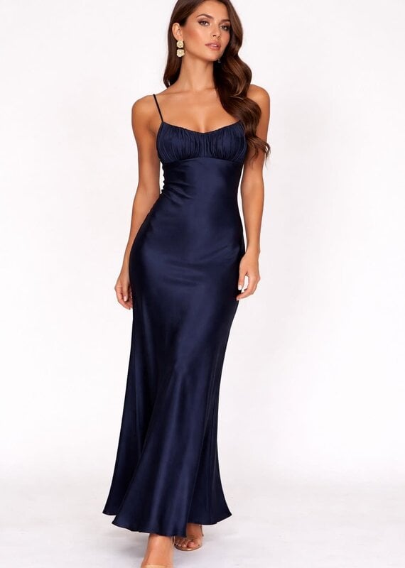 Satin Ruched Bust Twist Back Maxi Dress