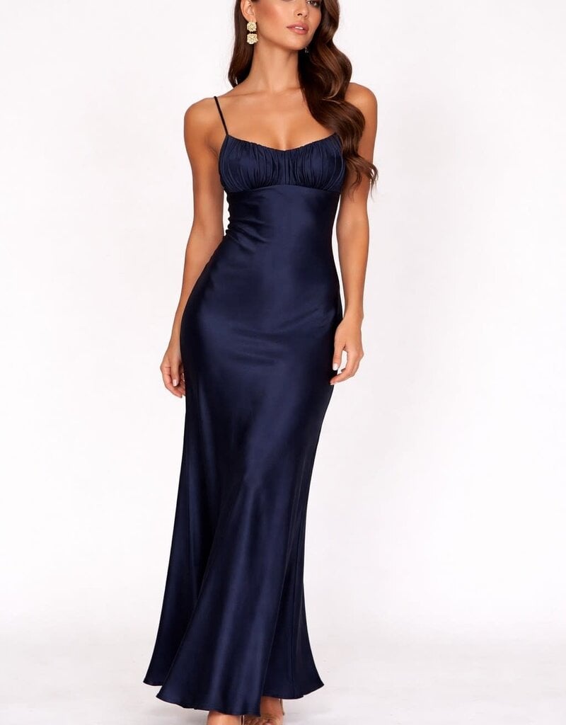 Satin Ruched Bust Twist Back Maxi Dress