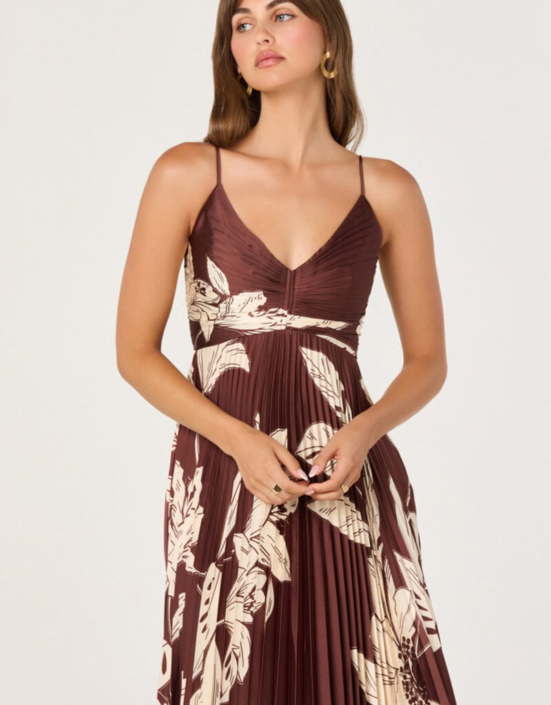 ASTR Clea Floral Pleated Satin V Neck Maxi Dress