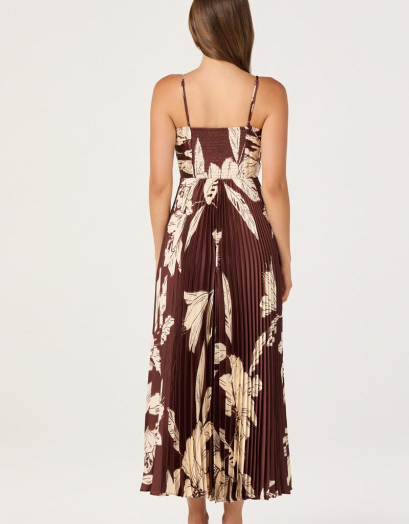 ASTR Clea Floral Pleated Satin V Neck Maxi Dress