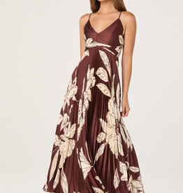 ASTR Clea Floral Pleated Satin V Neck Maxi Dress