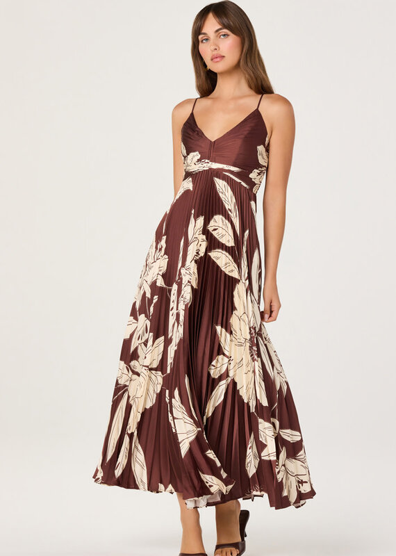 ASTR Clea Floral Pleated Satin V Neck Maxi Dress