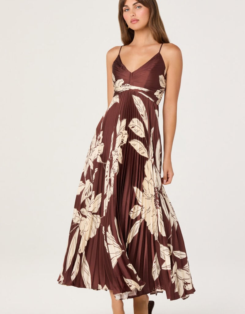 ASTR Clea Floral Pleated Satin V Neck Maxi Dress