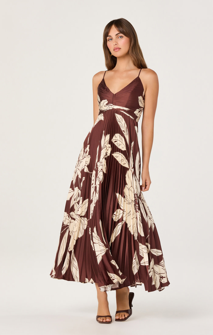 Clea Floral Pleated Satin V Neck Maxi Dress