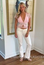 Chiffon V Neck Lace Trim Cap Sleeve Top