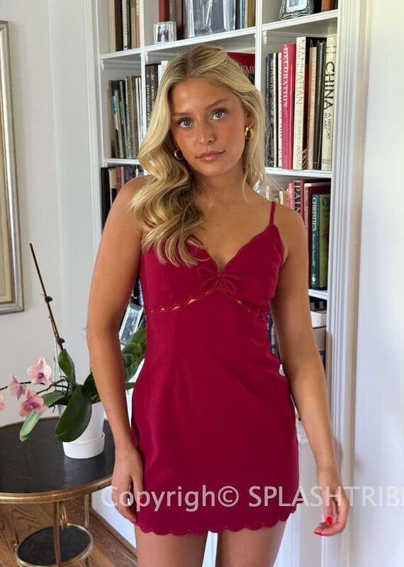 Solid Scallop Cut V Neck Mini Dress