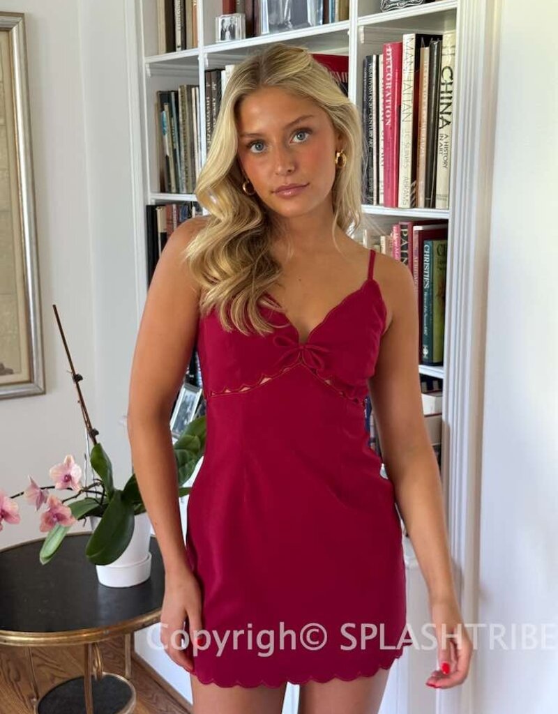 Solid Scallop Cut V Neck Mini Dress