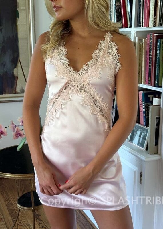 Amelia Lace Trim Satin Slip Mini Dress