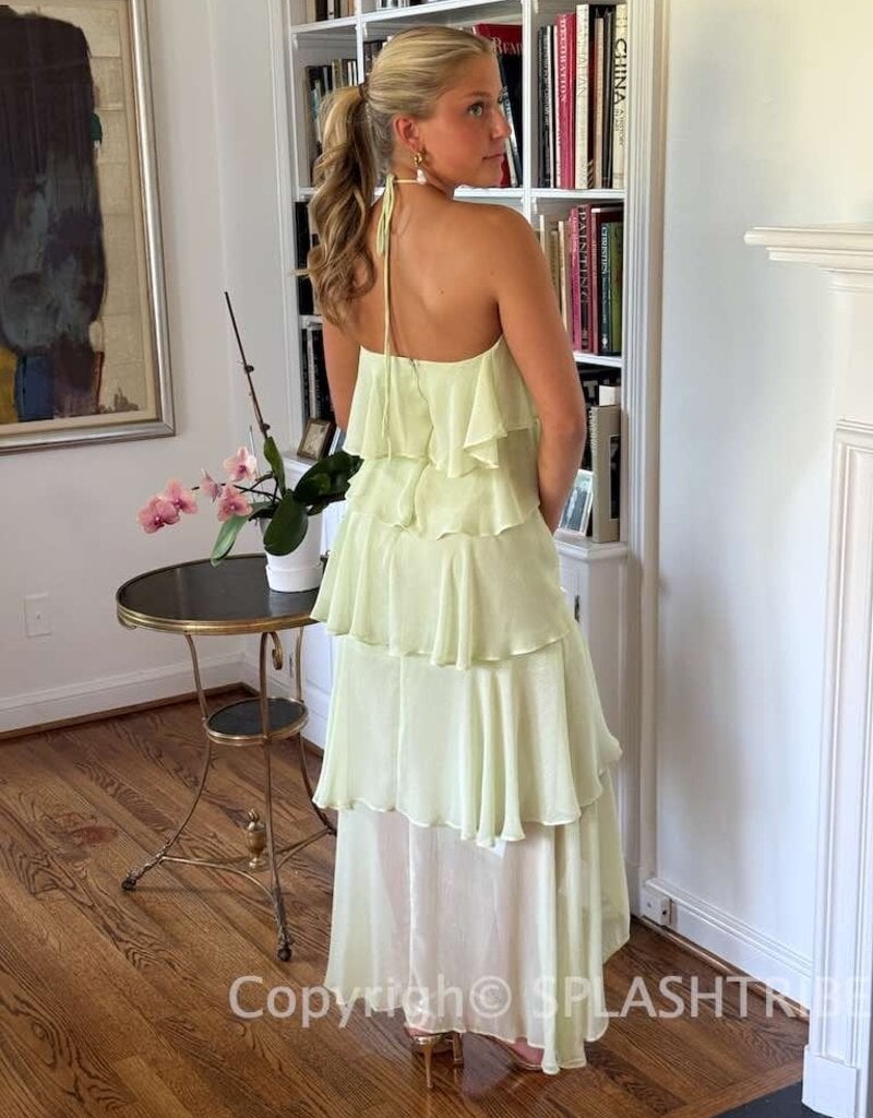 Nina Halter Ruffled High Low Maxi Dress