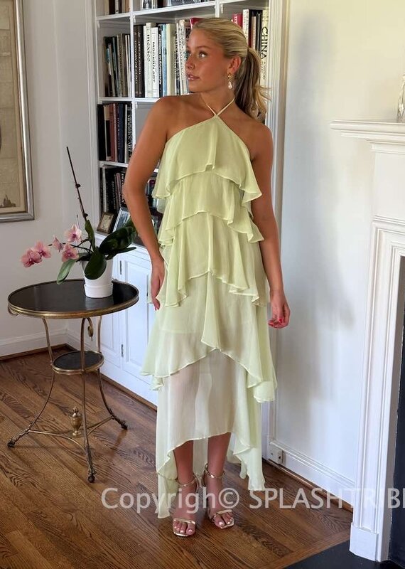 Nina Halter Ruffled High Low Maxi Dress