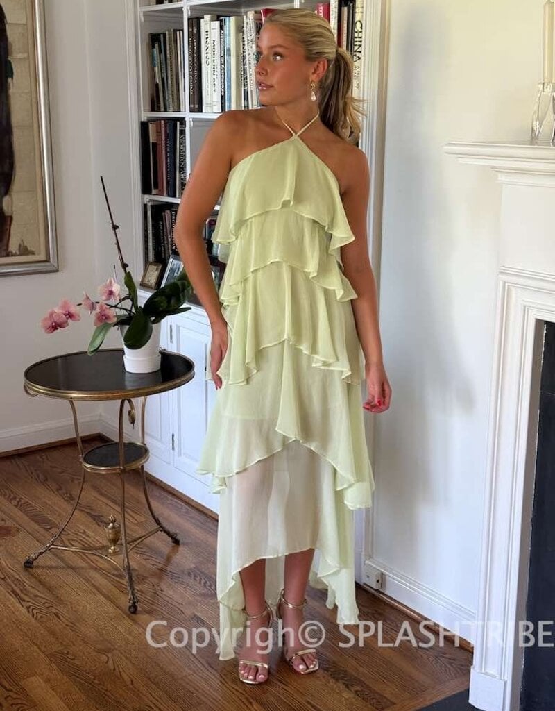 Nina Halter Ruffled High Low Maxi Dress
