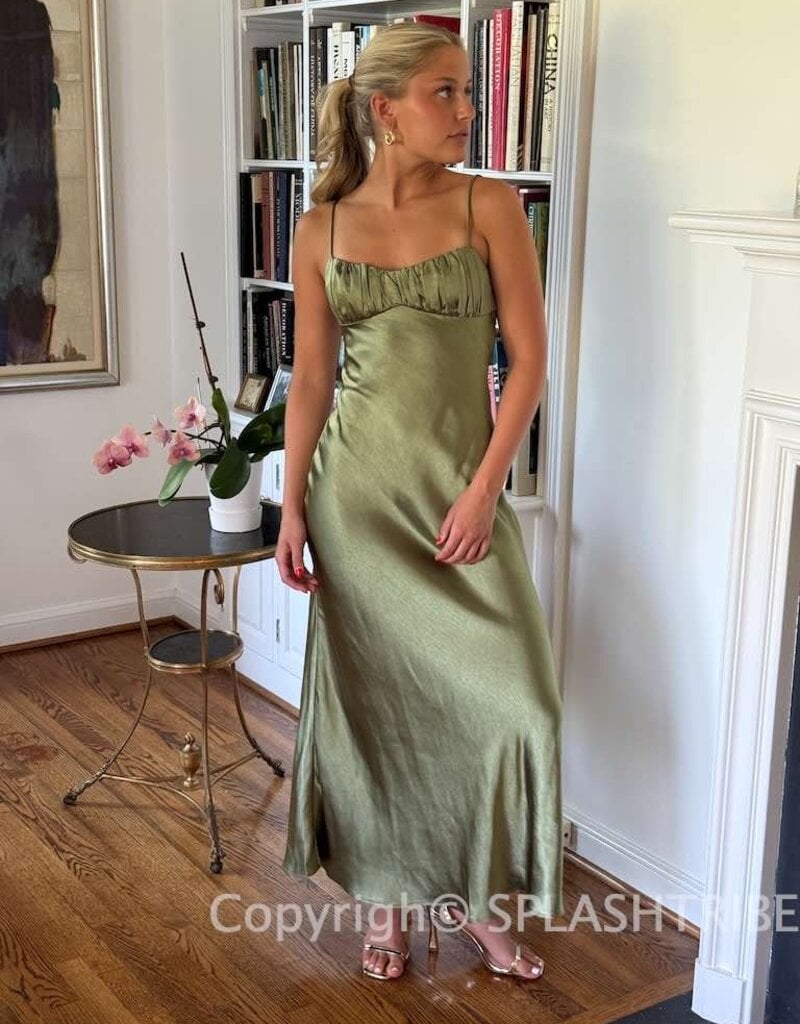 Satin Ruched Bust Twist Back Maxi Dress