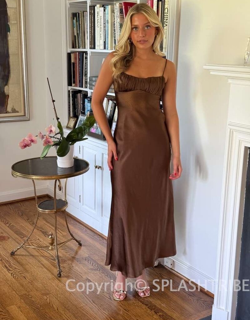 Satin Ruched Bust Twist Back Maxi Dress